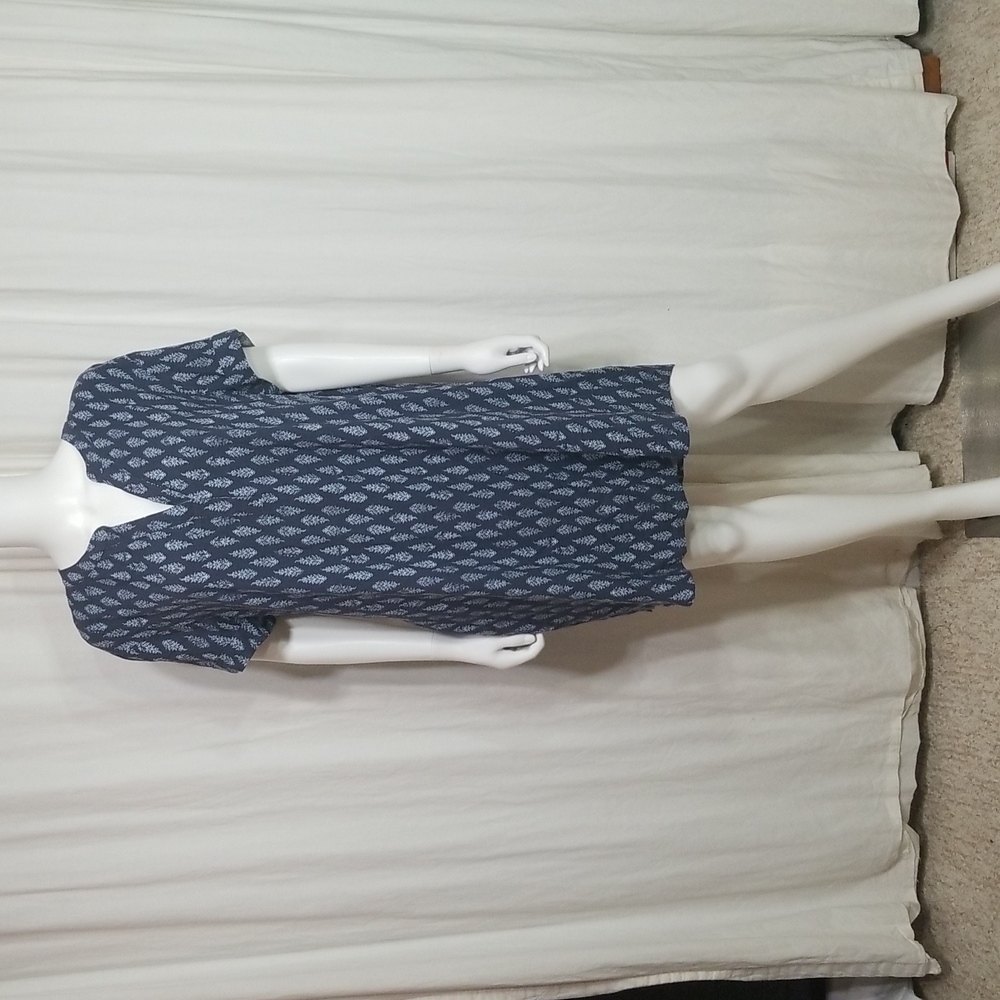 ☀️Navy Light Blue Short Sleeve Floral Feather Printed Sheath L Dress